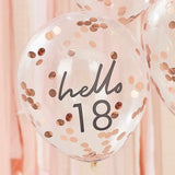 Hello 18 Rose Gold Confetti Balloons 5pk - The Party Room