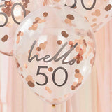 Hello 50 Rose Gold Confetti Balloons 5pk - The Party Room